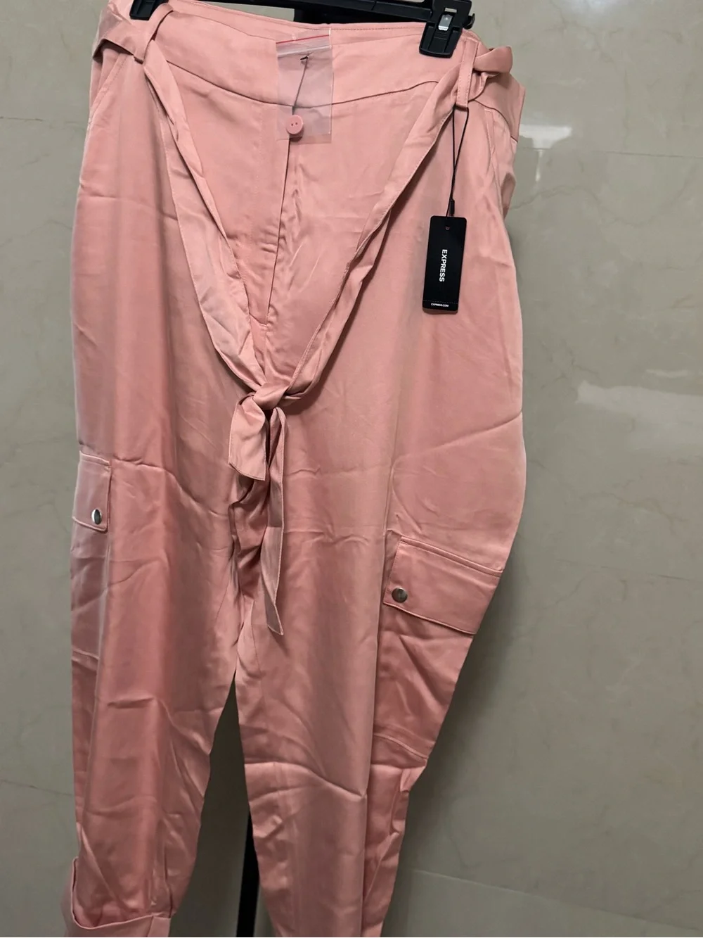 Women’s Pink Tie-Waist Cargo Pants - Picture 1 of 8